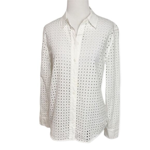 Equipement Femme Classic White Perforated Cotton Button Down Blouse Size XS - Picture 1 of 10